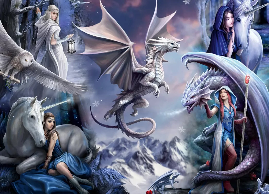 Bluebird Fantasy Puzzels>: Silver Dragon Collage - Anne Stokes (1500) Drakenpuzzel