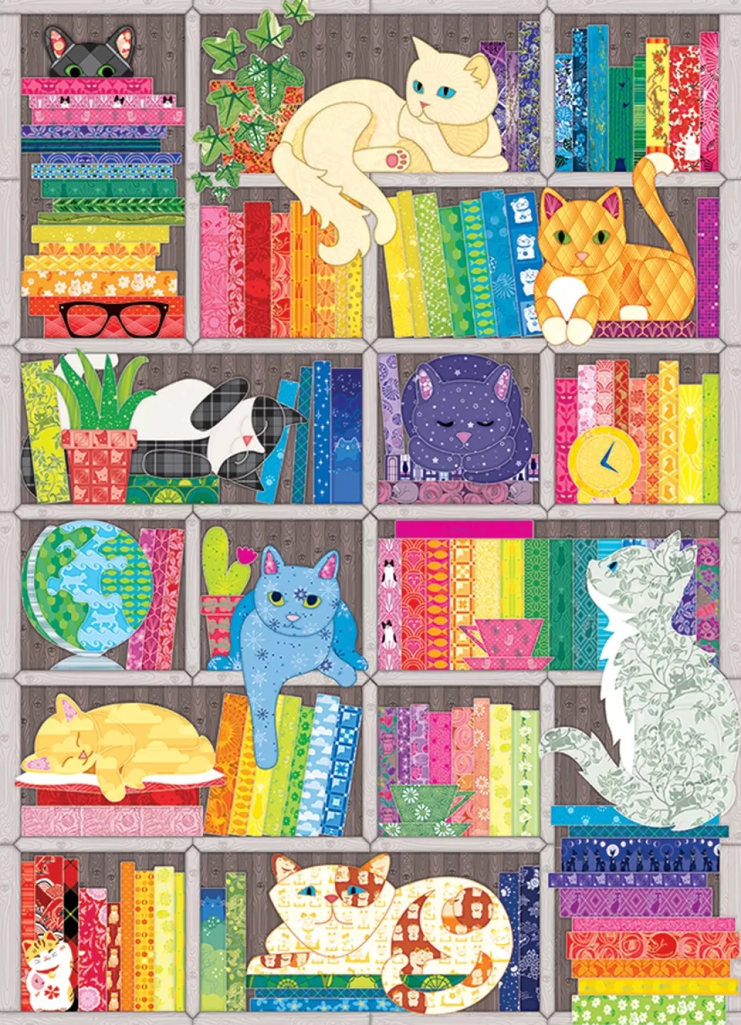 Cobble Hill Kattenpuzzels>: Rainbow Cat Quilt (1000) Verticale Puzzel