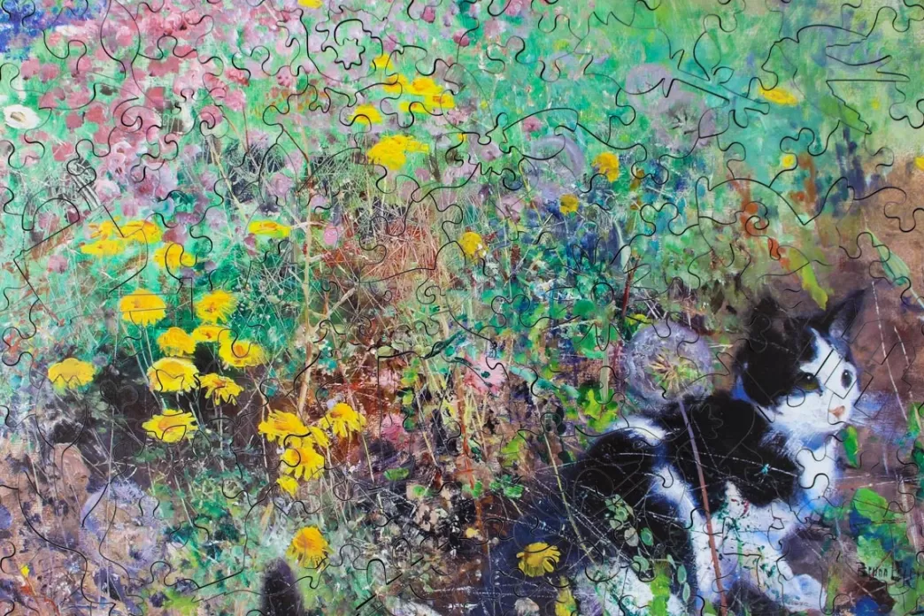Inside Adventure Kattenpuzzels>: Cat On A Flowerbed (121) Houten Legpuzzel