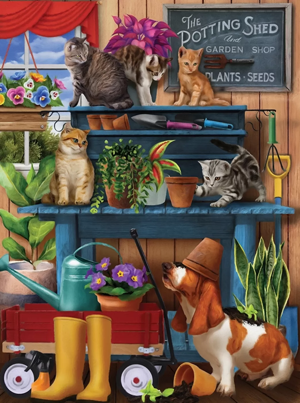 SunsOut Kattenpuzzels>: Trouble In The Potting Shed (1000) Verticale Puzzel